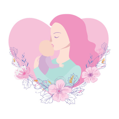 Vector Illustration Of Mother Holding Baby Son In Arms. Happy Mother`s Day Greeting Card.のイラスト素材