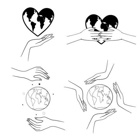 Ecology line art icon set, nature and environment. Protection, planet care, natural recycling power. Vector ecology line art illustrationのイラスト素材