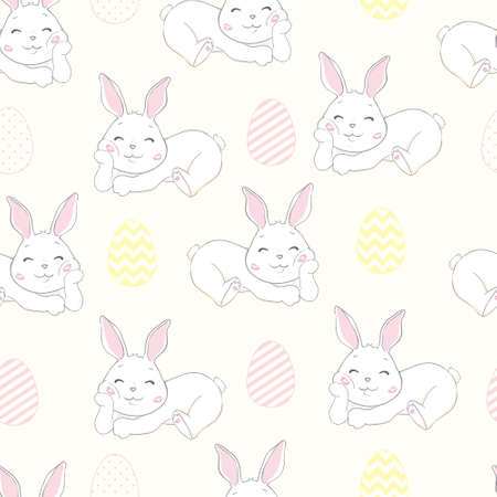 Seamless pattern with daisy garden and rabbits on pink background vector illustration. Cute cartoon character.のイラスト素材