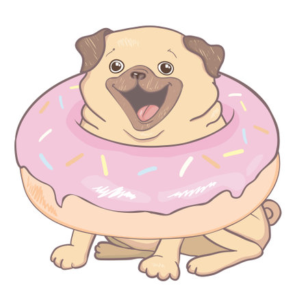 Puppy Pug with a pink donut. Humor poster, t-shirt composition, hand drawn style print. vector illustration.のイラスト素材