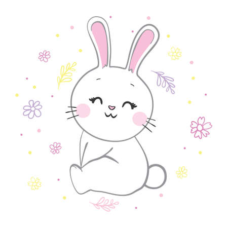 Cute rabbit character, bunny vector illustration. This is an illustration of a white rabbit greeting in the year of the rabbit 2023.のイラスト素材