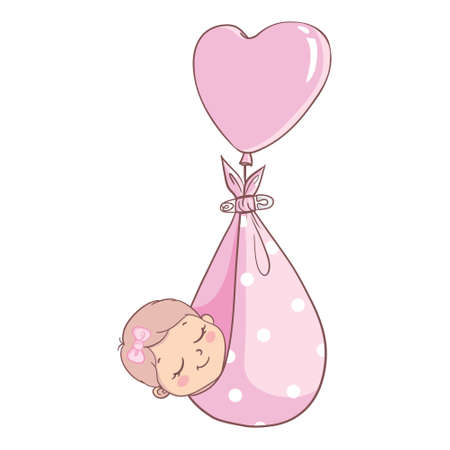 A little girl with a pink bow. Children's doodle drawing vector illustration in pink color. Use for girly surface designs, fabric printing, card printing, fashionable baby clothes, baby shower,のイラスト素材