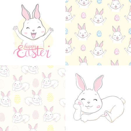 Set of easter cards and pattern. Holiday covers, posters, banners, greeting cards. Cartoon flat vector illustration isolated on white backgroundのイラスト素材