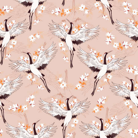 Decorative kimono floral motif background pattern with crane and flowers vector illustrationのイラスト素材