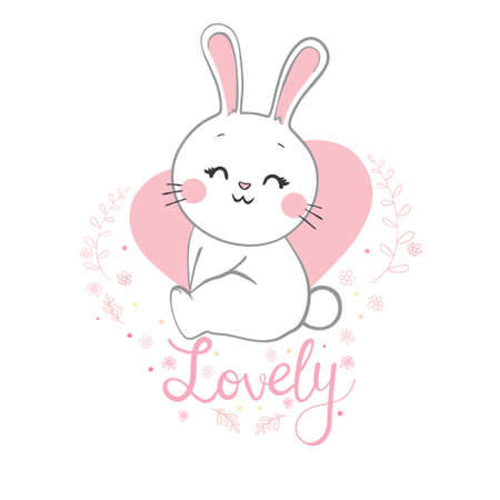 Cute rabbit character, bunny vector illustration. This is an illustration of a white rabbit greeting in the year of the rabbit 2023.のイラスト素材