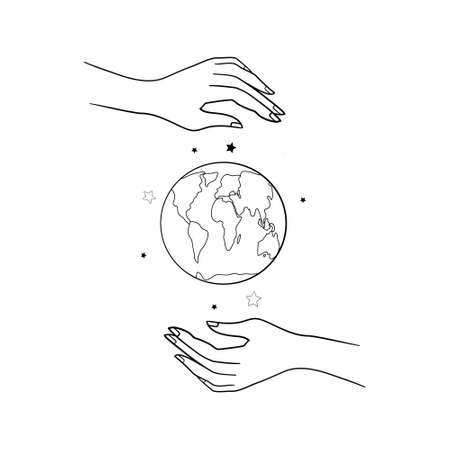 vector illustration, hands close the planet from pollution, save the planet, a small process of a plant, save energy, Earth Day concept - vectorのイラスト素材