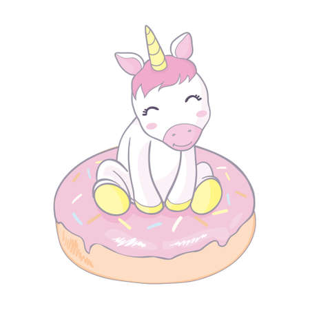 Cute Unicorn vector on donut muffin and tea time sweet dessert pastel color, Kawaii illustration isolated on white. Kid food bakery product fabulous fashion child dのイラスト素材