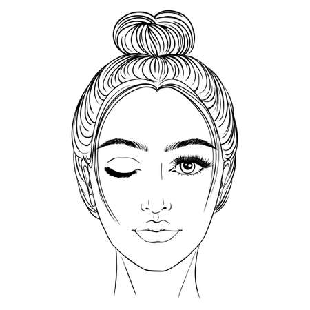 Woman with stylish classic bun with perfet eyebrow shaped and ful. Illustration of business hairstyle with natural long hair. Hand-drawn idea for gretting card, poster, flyers, web, print for t-shirt.のイラスト素材