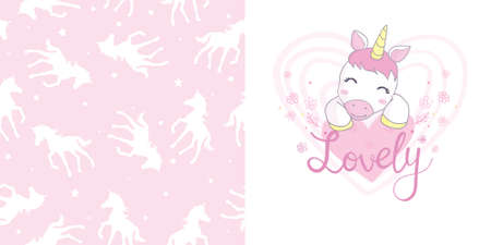 Unicorn collection. Vector illustration of cute cartoon Unicorn. Use for girly surface designs, fabric printing, card printing, fashionable baby clothesのイラスト素材