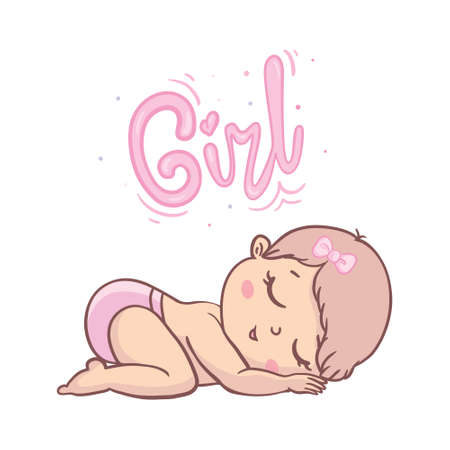 A little girl with a pink bow. Children's doodle drawing vector illustration in pink color. Use for girly surface designs, fabric printing, card printing, fashionable baby clothes, baby shower,のイラスト素材