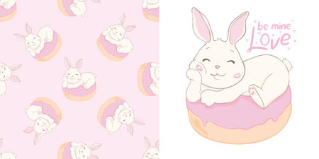 Cute Rabbit And Donuts Illustration. Animal Flat Cartoon Style Set cards and pattern.のイラスト素材