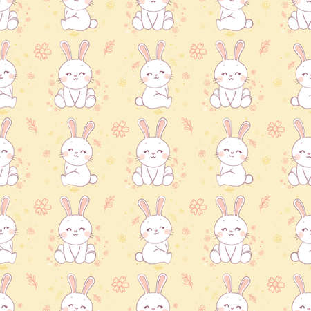 seamless background. white rabbits. Cute cartoon characters. This is an illustration of a white rabbit greeting in the year of the rabbit 2023.のイラスト素材