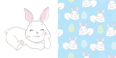 Set of easter cards and pattern. Holiday covers, posters, banners, greeting cards. Cartoon flat vector illustration isolated on white backgroundのイラスト素材
