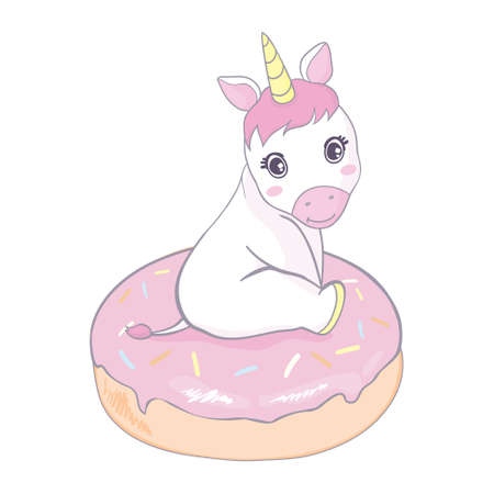 Cute Unicorn vector on donut muffin and tea time sweet dessert pastel color, Kawaii illustration isolated on white. Kid food bakery product fabulous fashion child dのイラスト素材