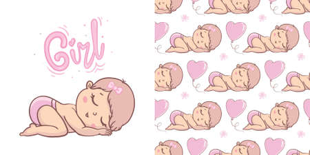 A little girl with a pink bow. Children's doodle drawing vector illustration in pink color. Use for girly surface designs, fabric printing, card printing, fashionable baby clothes, baby shower,のイラスト素材