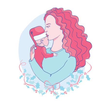 Vector Illustration Of Mother Holding Baby Son In Arms. Happy Mother`s Day Greeting Card.のイラスト素材