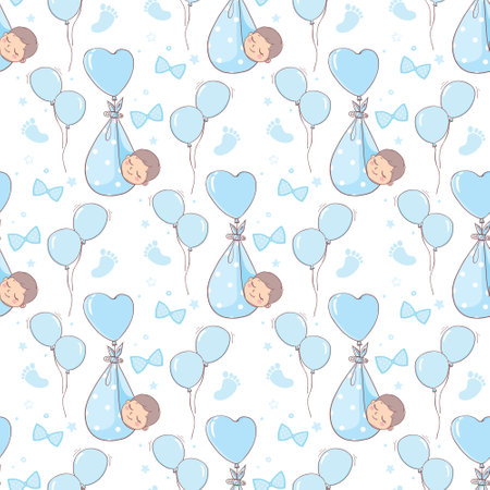 pattern for a boy. Blue baby feet and feet seamless pattern. vector illustrationのイラスト素材