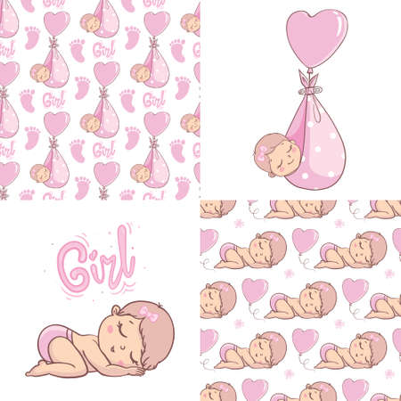 Vector greeting card. baby shower card. Baby announcement card design element. It's a boy lettering, it's a girl lettering. Baby shower party design element.のイラスト素材