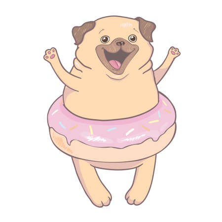 Puppy Pug with a pink donut. Humor poster, t-shirt composition, hand drawn style print. vector illustration.のイラスト素材