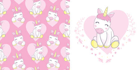 Unicorn collection. Vector illustration of cute cartoon Unicorn. Use for girly surface designs, fabric printing, card printing, fashionable baby clothesのイラスト素材