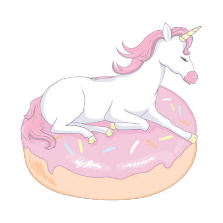 Cute Unicorn vector on donut muffin and tea time sweet dessert pastel color, Kawaii illustration isolated on white. Kid food bakery product fabulous fashion child dのイラスト素材