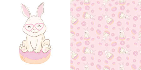 Cute Rabbit And Donuts Illustration. Animal Flat Cartoon Style Set cards and pattern.の写真素材
