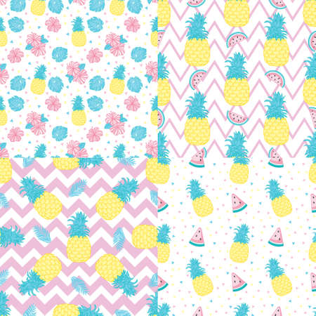 Set of geomterical yellow summer and fruit seamless patterns. Vector illustration Hand drawn background, wrap, wallpaper, cover, fabric, cloth, textile design. swatch. Pineapple lines zigzag patternの写真素材
