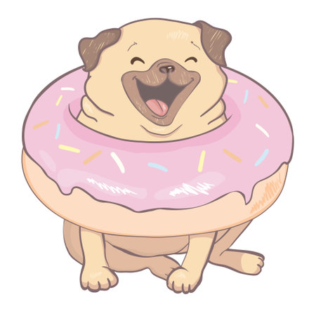 Puppy Pug with a pink donut. Humor poster, t-shirt composition, hand drawn style print. vector illustration.のイラスト素材