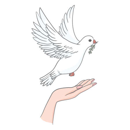 Peace dove with olive branch in the beak flying and hands down. vector illustrationのイラスト素材