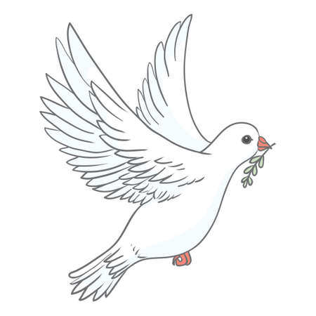 Pigeon with green olive branch on white background. Logo, symbol of love and messengers. Flat vector Beautiful graphic isolated element. flying cartoon bird drawing.のイラスト素材
