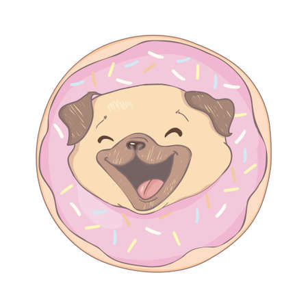Puppy Pug with a pink donut. Humor poster, t-shirt composition, hand drawn style print. vector illustration.のイラスト素材