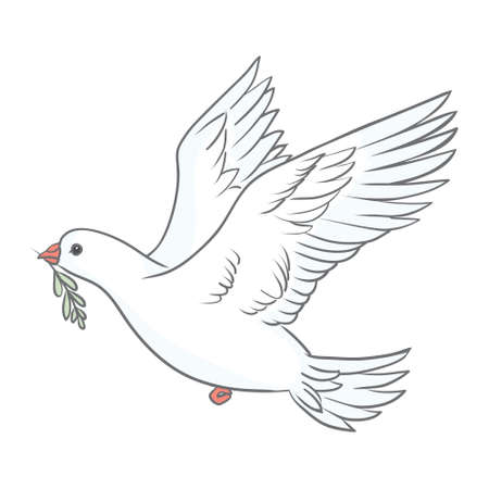 Pigeon with green olive branch on white background. Logo, symbol of love and messengers. Flat vector Beautiful graphic isolated element. flying cartoon bird drawing.のイラスト素材