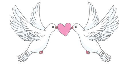 Dove with a heart. Symmetrical composition with two white pigeons. Vintage vector illustration for banners and postcards.のイラスト素材