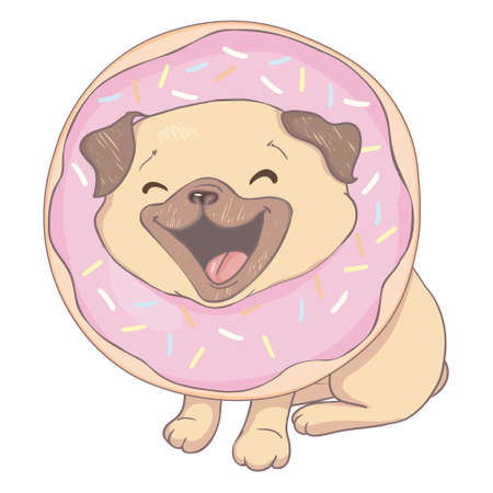Puppy Pug with a pink donut. Humor poster, t-shirt composition, hand drawn style print. vector illustration.のイラスト素材