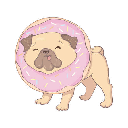 Puppy Pug with a pink donut. Humor poster, t-shirt composition, hand drawn style print. vector illustration.のイラスト素材