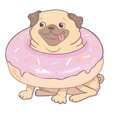 Puppy Pug with a pink donut. Humor poster, t-shirt composition, hand drawn style print. vector illustration.のイラスト素材