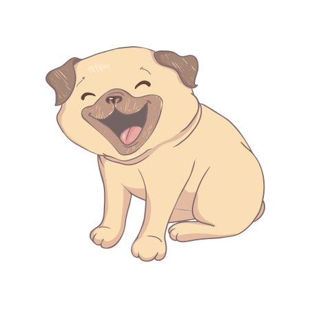 Pug dog cartoon illustration. Cute friendly fat chubby pug sitting pug puppy, smiling with tongue out. Pets, dog lovers, animal themed design element isolated on white.のイラスト素材