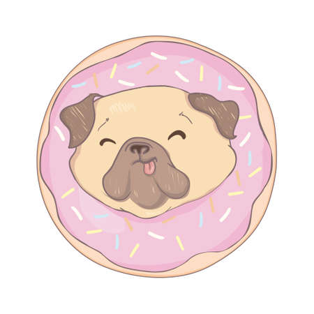 Puppy Pug with a pink donut. Humor poster, t-shirt composition, hand drawn style print. vector illustration.のイラスト素材
