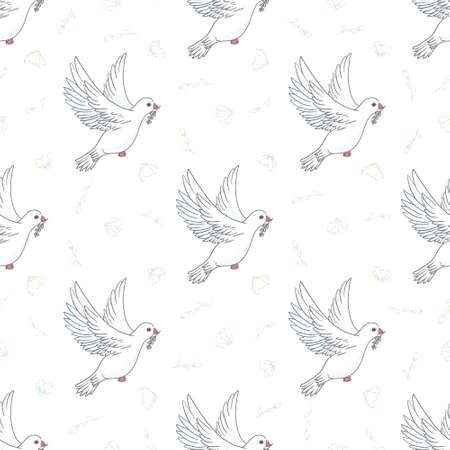 Peace dove seamless pattern on white background. Vector illustration of a green olive branch of a white dove for web, printのイラスト素材