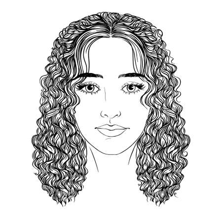 Illustration of a girl with long curly hair, eyes, eyebrows and eyelashes. Realistic makeup. Hairstyle in the form of a bun. Logo for eyebrows, eyelashes or beauty salon.のイラスト素材