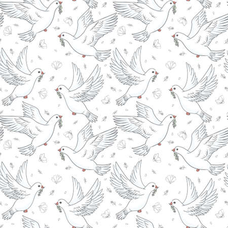Peace dove seamless pattern on white background. Vector illustration of a green olive branch of a white dove for web, printのイラスト素材