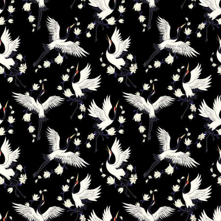 Decorative kimono floral motif background pattern with crane and flowers vector illustrationのイラスト素材