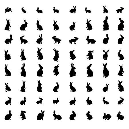 Rabbit and Hare Easter collection set - vector silhouette. Can be used as a stencil or template for festive decorations, postcards, shop windows, logos, etc.のイラスト素材