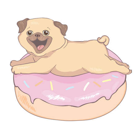 Puppy Pug with a pink donut. Humor poster, t-shirt composition, hand drawn style print. vector illustration.のイラスト素材