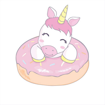 Cute Unicorn vector on donut muffin and tea time sweet dessert pastel color, Kawaii illustration isolated on white. Kid food bakery product fabulous fashion child dのイラスト素材