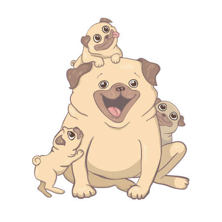 Pug dog cartoon illustration. Cute friendly fat chubby pug sitting pug puppy, smiling with tongue out. Pets, dog lovers, animal themed design element isolated on white.のイラスト素材