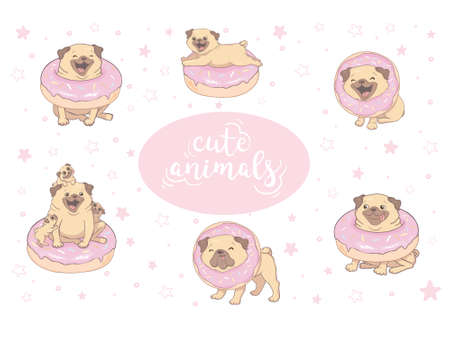 Flat vector set of pug puppy in different poses. Cute dog with short beige coat, wrinkled muzzle and curled tail. home petのイラスト素材