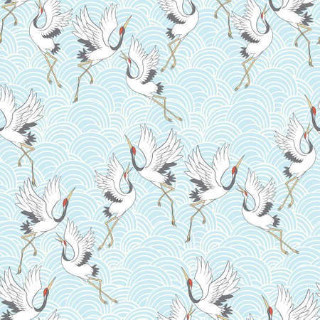 Decorative kimono floral motif background pattern with crane and flowers vector illustrationのイラスト素材