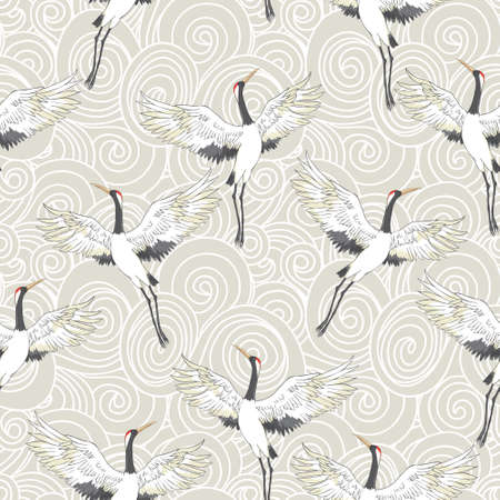 Decorative kimono floral motif background pattern with crane and flowers vector illustrationのイラスト素材