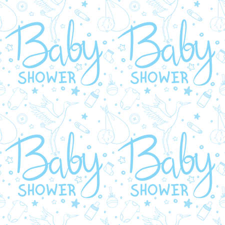 baby shower. Seamless background, texture, backdrop, pattern, wallpaper with children cartoon doodle toys. Educational games for kids illustration.のイラスト素材